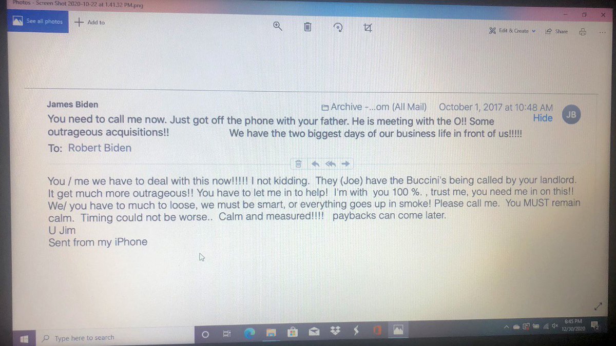 LLinWood's tweet image. Call me old-fashioned, but I think that @VP @Mike_Pence &amp;amp; Congress should demand an explanation about this email (&amp;amp; others) from Joey “Bribes” Biden, brother James (Jim), son Robert (Hunter), “O” &amp;amp; the Buccini’s before certifying a fraudulent election.

Or maybe it is just me.