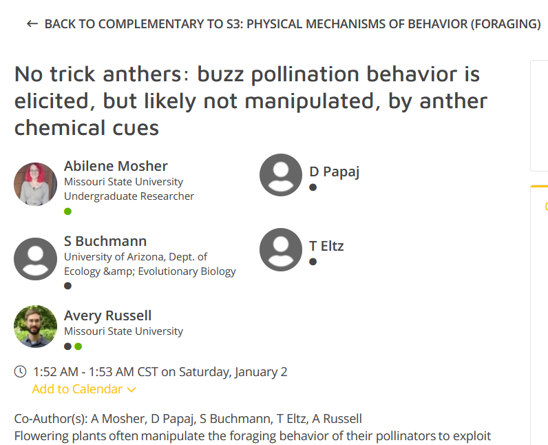 DrAverbee's tweet image. #RussellLab undergraduate scientist @AbbyMosher1 is presenting at #PMB2021! Please go see her really cool talk on why #bees buzz! It&apos;s her first talk at a scientific conference, so give her a warm welcome! #buzzpollination #pollination @CNASatMSU @MissouriState