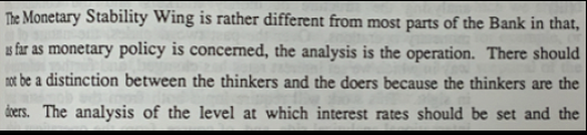 19/ by contrast, Monetary Analysis had recruited a man w/ a plan, who insisted that “the doers are the thinkers" and that recruits needed highest academic credentials A reputed tax microeconomist, Mervyn King was seen as having clear vision on content & use of macro models: