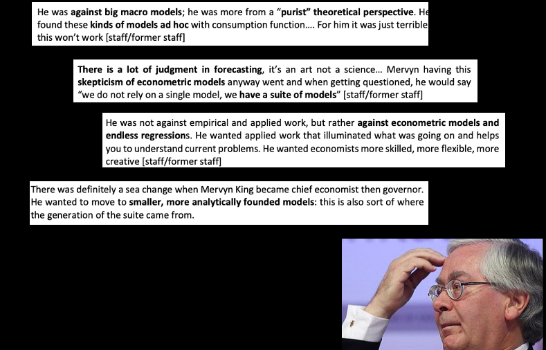 20/ As elsewhere in policy circles, King insisted that models needed to be properly microfouded & slimmer than previous large scale generationsAs elsewhere, hybrid more than substitute new macroeconometric models were conceivedAt BoE, new model BEQM rolled out in 2000s