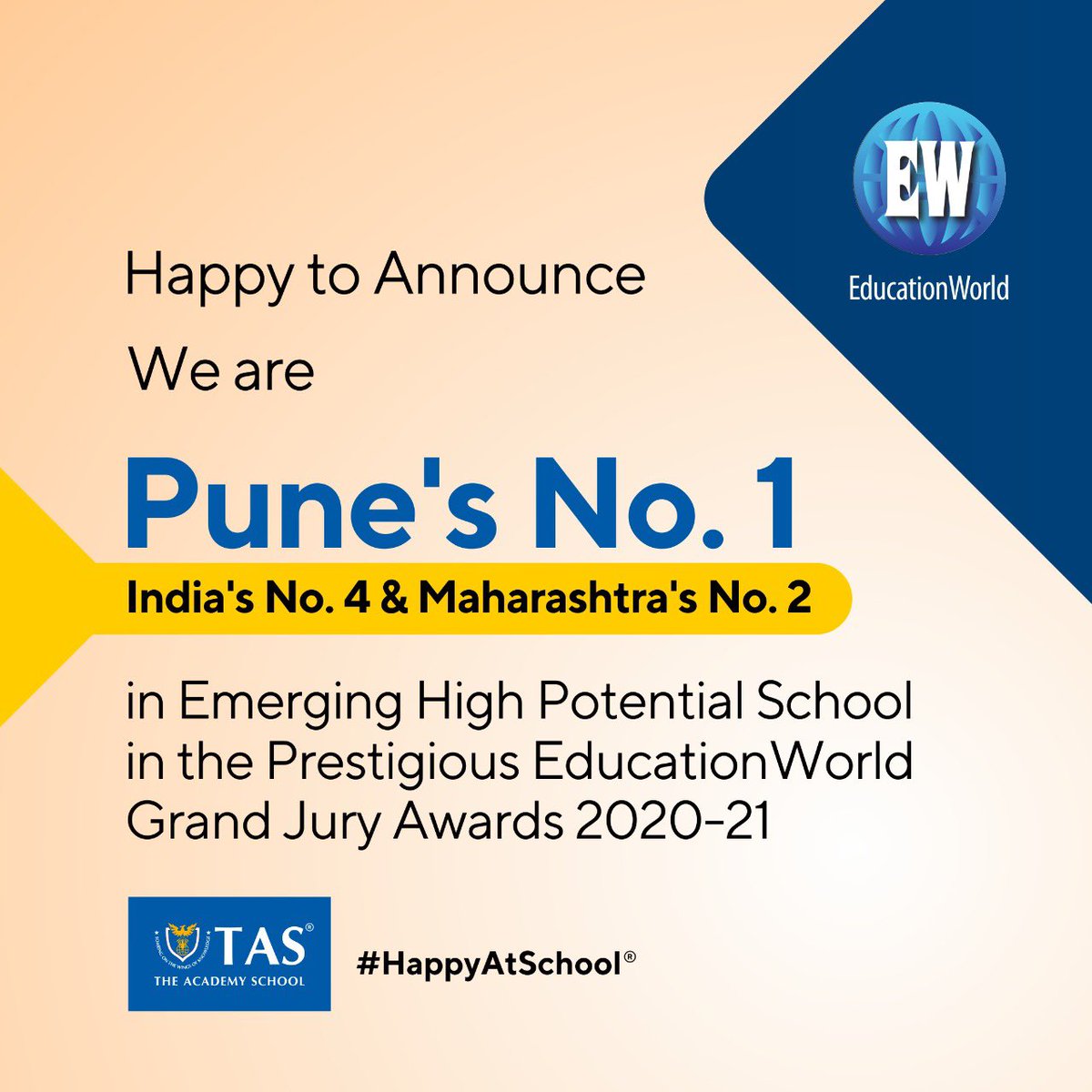 What a great news by <a href="/EWPortal/">EducationWorld India</a> ! 
Our school TAS, Pune has been ranked as-

𝐏𝐮𝐧𝐞'𝐬 𝐧𝐨. 𝟏 𝐄𝐦𝐞𝐫𝐠𝐢𝐧𝐠 𝐇𝐢𝐠𝐡 𝐏𝐨𝐭𝐞𝐧𝐭𝐢𝐚𝐥 𝐒𝐜𝐡𝐨𝐨𝐥.

I congratulate #TAS family who works tirelessly everyday. #HappyAtSchool