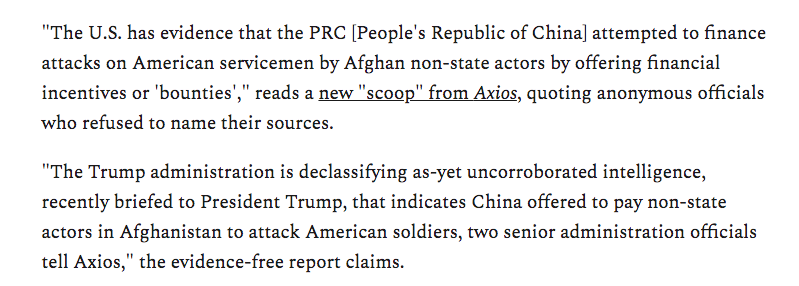 We're now getting mass media reports that yet another country the US government doesn't like has been trying to kill US troops in Afghanistan, with the accusation this time being leveled at China. China joins Russia and Iran in being targeted with this exact unproven narrative.