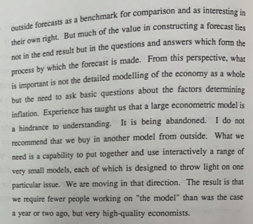 21/ What King & others officials insisted on what that BoE models should be judged by ability to “tell consistent stories about the economy” (note:what we chased is not most faithful representation of King’s actual views, but how staff perceived it. 1994 quote below is by him)