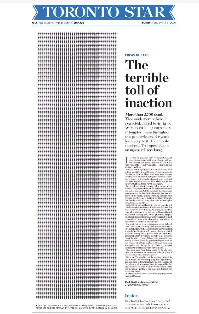 The <a href="/TorontoStar/">Toronto Star</a> has revealed its powerful final front page of 2020. 

Each figure represents one of the 2,721 residents, and 8 staff, of Ontario long-term care homes who have died from COVID-19 since the beginning of the pandemic.