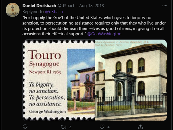 17. “All possess alike liberty of conscience and immunities of citizenship”... “It is now no more that toleration is spoken of, as if it was by the indulgence of one class of people, that another enjoyed the exercise of their inherent natural rights.” https://twitter.com/d3bach/status/1030799057462157312?s=20