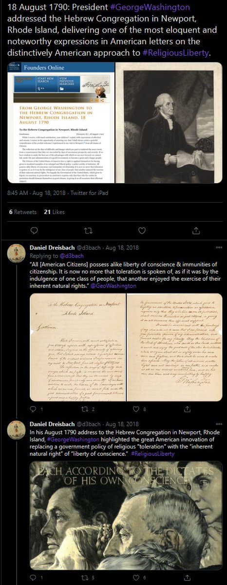 17. “All possess alike liberty of conscience and immunities of citizenship”... “It is now no more that toleration is spoken of, as if it was by the indulgence of one class of people, that another enjoyed the exercise of their inherent natural rights.” https://twitter.com/d3bach/status/1030799057462157312?s=20