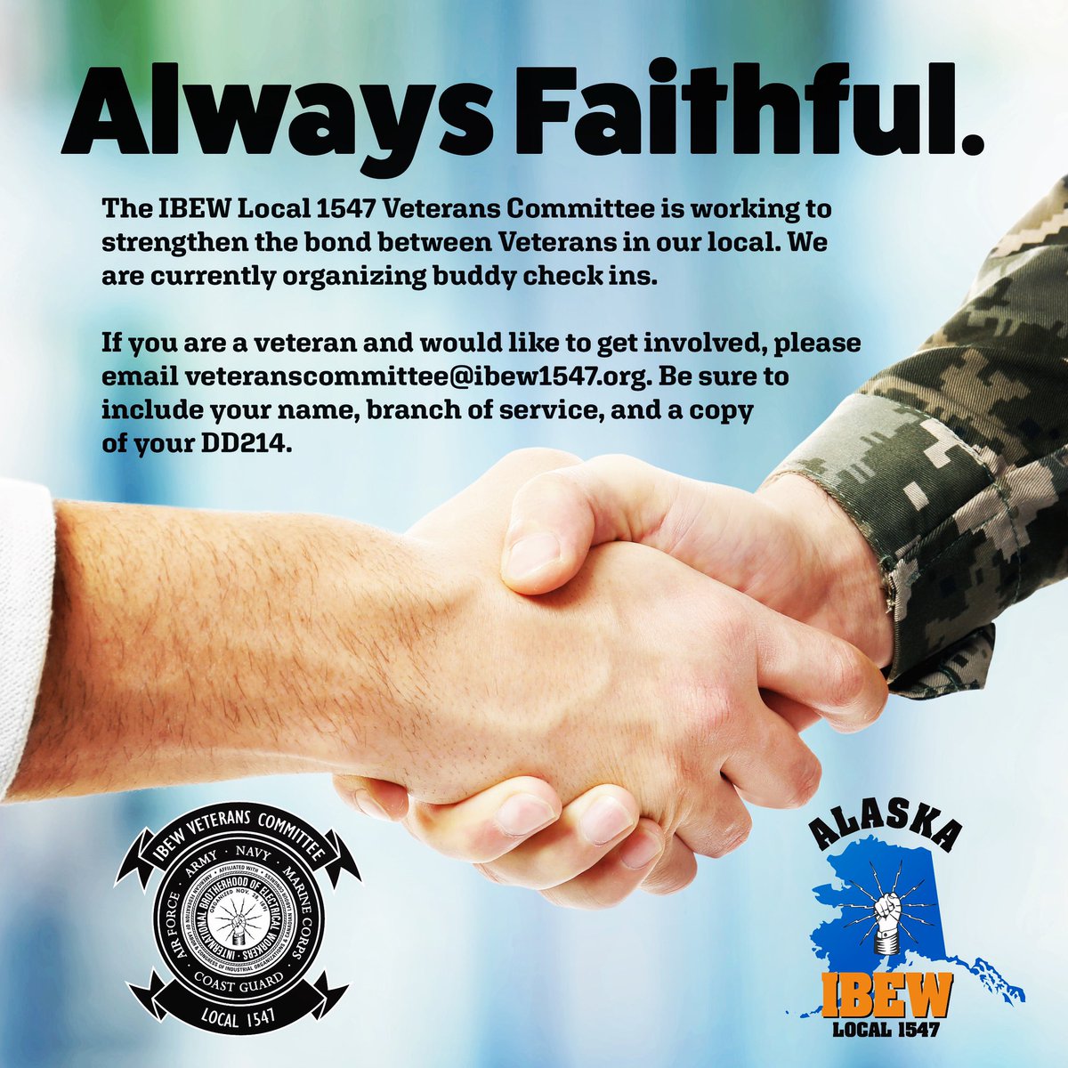 IBEW1547's tweet image. The #IBEW 1547 Veterans Committee is working to strengthen the bond btw Veterans in our local. We’re organizing buddy check ins. 

If you are a vet &amp;amp; would like to help, please email veteranscommittee@ibew1547.org. Include your name, branch of service, &amp;amp; a copy 
of your DD214.