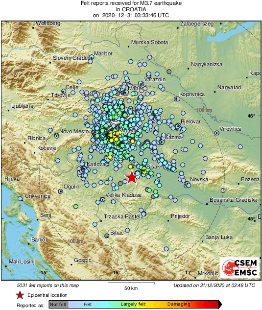 M3.7 #earthquake (#potres) strikes 15 km SW of #Sisak (#Croatia) 15 min ago. Updated map of its effects: