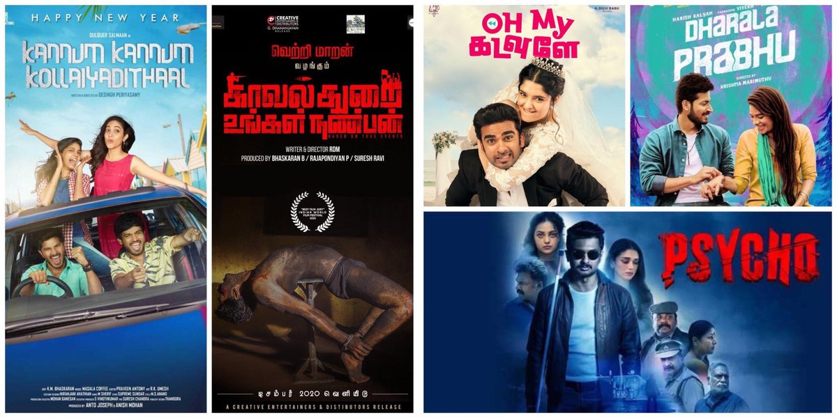 My favourite 5 films of 2020, which had straight #Theatrical release :
1. #KannumKannumKollaiyadithaal 
2. #KavalThuraiUngalNanban 
3. #OhMyKadavule 
4. #DharalaPrabhu
5. #Psycho