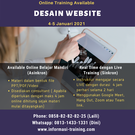 wartatraining's tweet photo. TRAINING DESAIN WEBSITE
04 – 05 Januari 2021 Online Training
https://t.co/slOFu7DexK
Phone: 0858-82-82-82-25 (Laili)
Whatsapp: https://t.co/RL4yc76xw1
#desainwebsite #webdesign #membuatwebsite #onlinetraining #wartatraining #informasitraining #trainingcenter https://t.co/vnuTxWA9pv
