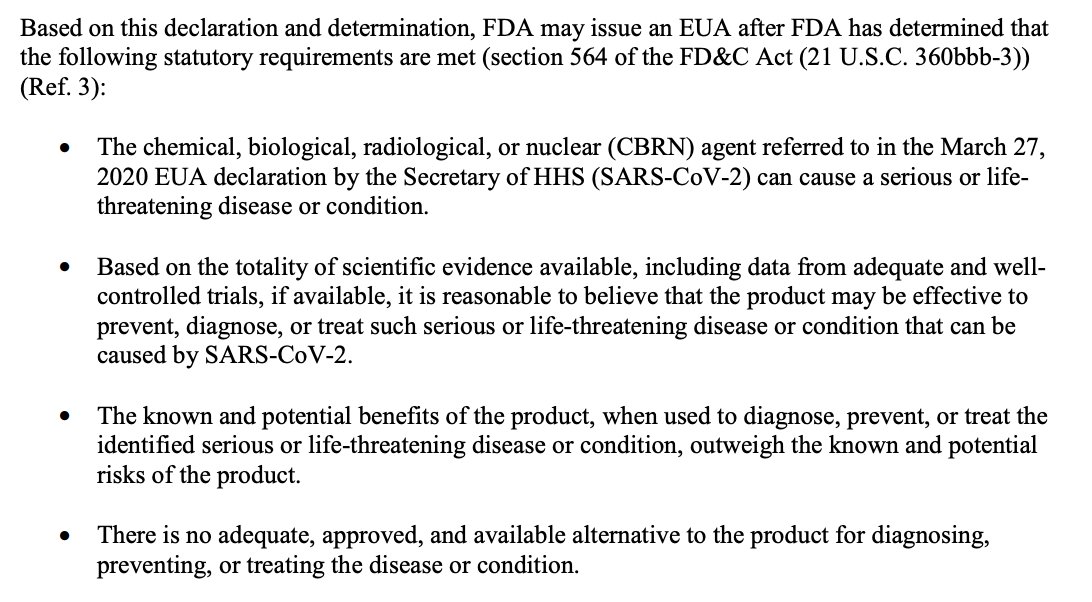 Here's what you must know. (pointed out to me by  @cphealthcare)To issue an EUA (Emergency Use Authorization) for a new vaccine, the following requirements must be met:3/n https://www.fda.gov/media/142749/download