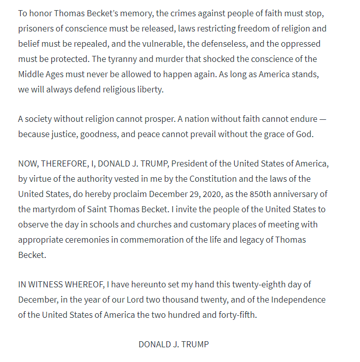 29. "To honor Thomas Becket’s memory, the crimes against people of faith must stop, prisoners of conscience must be released, laws restricting freedom of religion and belief must be repealed, and the vulnerable, the defenseless, and the oppressed must be protected."