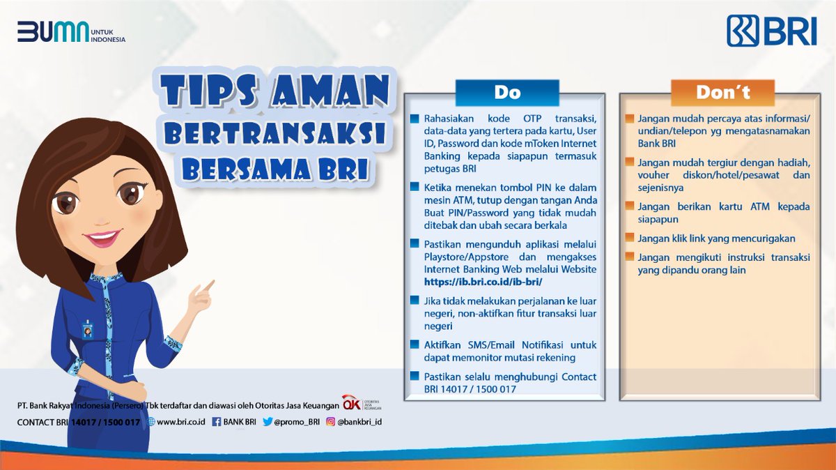 kontakBRI's tweet photo. Sobat BRI. Maraknya indikasi penipuan membuat Nasabah harus berhati-hati dalam bertransaksi. Demi kenyamanan dan keamanan transaksi, yuk simak Tips aman bertransaksi dengan BRI. 

#BRIEdukasi https://t.co/PveO71vHr1