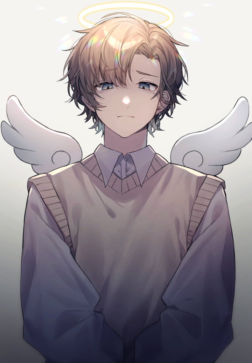 1boy male focus wings halo solo brown hair angel wings  illustration images
