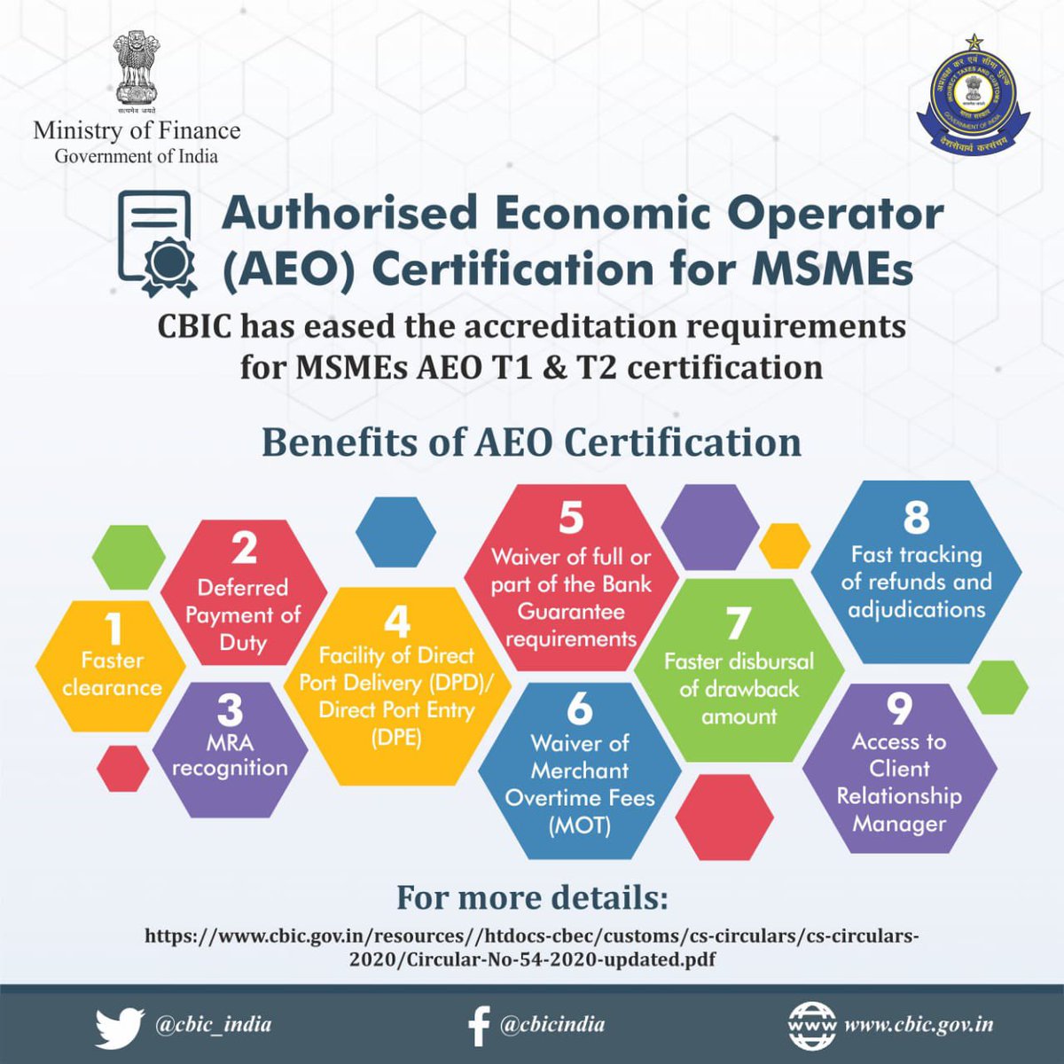 cbic_india's tweet image. Authorised Economic Operator (AEO) Certification for MSMEs.

CBIC has eased the accreditation requirements for MSMEs AEO T1 &amp;amp; T2 certification.

#AEO