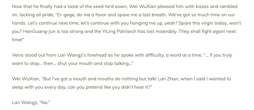 111 continued, it's just so good -- i especially love when (prev tweet screenshot) lwj asks wwx if he hurts and then??? when wwx says yes?? HE GETS HARDER?!?!?!?! he's letting go. he's unhinged and going 90 per hour in a 15 and not even lqr himself could stop him
