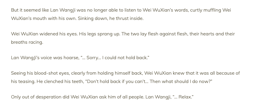 111 - oh, hanguang-jun. oh..... hanguang-jun. he is absolutely wrecked in this chapter, every other sentence is so funny bc lwj is so obviously losing it and wwx just keeps pushing and teasing until lwj can no longer pretend to be Chill or Relaxed or Normal. love it
