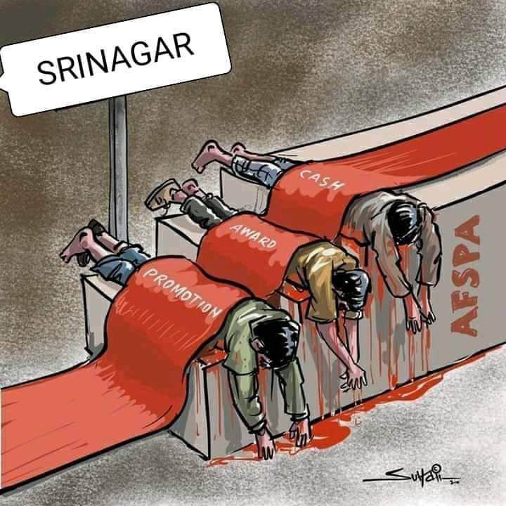 Irfan_Meer17's tweet photo. Political art shaming the Indian army for putting promotions and bounties over the lives of kashmiris.these are the three young mens executed and framed as terrorists in the HMT Srinagar fake encounter😔
#FakeEncounter💀
#RipHuminity😰 https://t.co/DR0N9kBakH