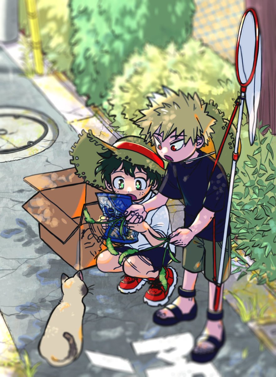 bakugou katsuki ,midoriya izuku freckles multiple boys 2boys male focus shirt blonde hair green hair  illustration images