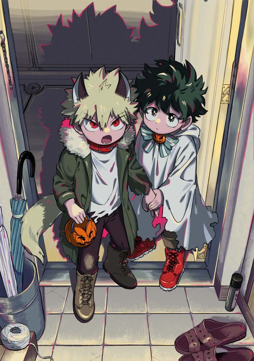 bakugou katsuki ,midoriya izuku freckles multiple boys 2boys male focus shirt blonde hair green hair  illustration images