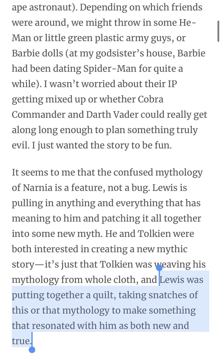 As a kid, the Bacchus parts went WAY over my head, & so in that way it also wasn’t strange to me that Roman gods were in Narnia. I’ve been reading  @mattmikalatos’ Narnia essays as I go & want to share one on the “messy, beautiful world-building” of Narnia:  https://www.tor.com/2019/10/16/the-messy-beautiful-worldbuilding-of-the-lion-the-witch-and-the-wardrobe/