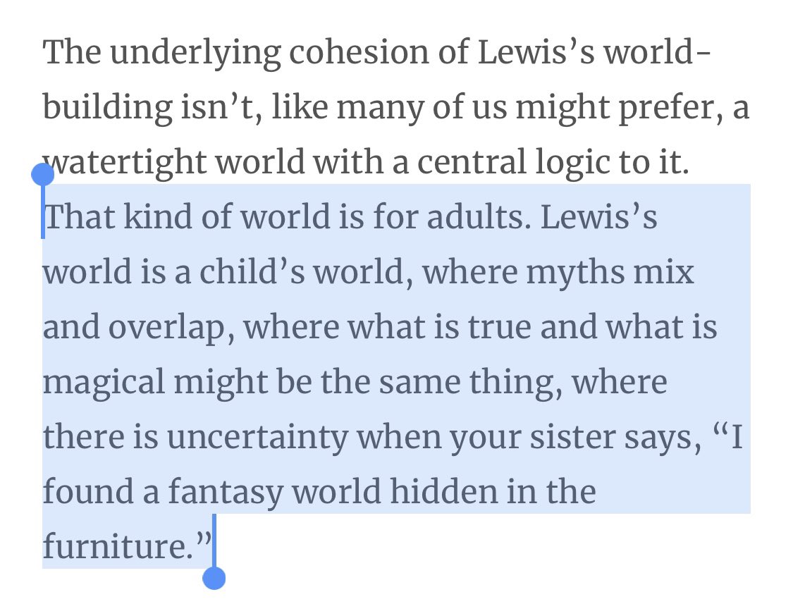As a kid, the Bacchus parts went WAY over my head, & so in that way it also wasn’t strange to me that Roman gods were in Narnia. I’ve been reading  @mattmikalatos’ Narnia essays as I go & want to share one on the “messy, beautiful world-building” of Narnia:  https://www.tor.com/2019/10/16/the-messy-beautiful-worldbuilding-of-the-lion-the-witch-and-the-wardrobe/