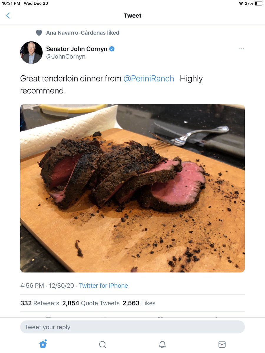 @GOTEXAN @PeriniRanch You should be announcing a very large contribution to food banks across Texas for your plug by @JohnCornyn . No one cares about your James Beard award right now. Pride cometh before a fall. By the way, your food looks disgusting.