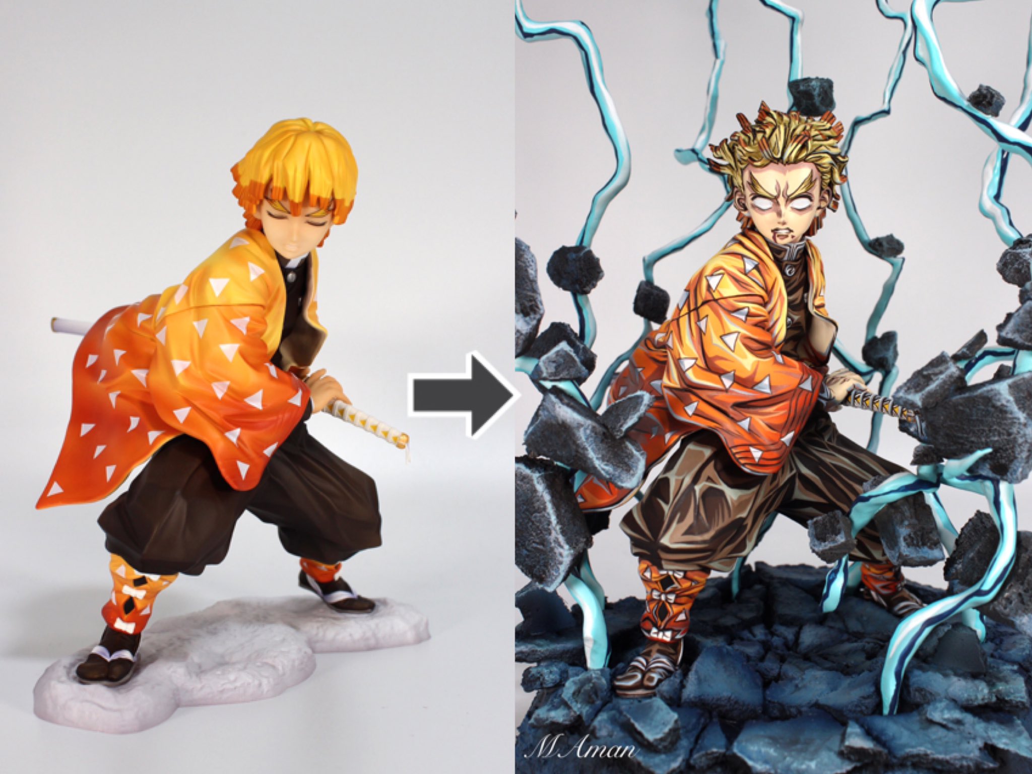 鬼滅の刃　善逸　フィギュアリペイント 善逸のフィギュアの筆塗りリペイント ⚡⚡⚡ ✨before⇒after