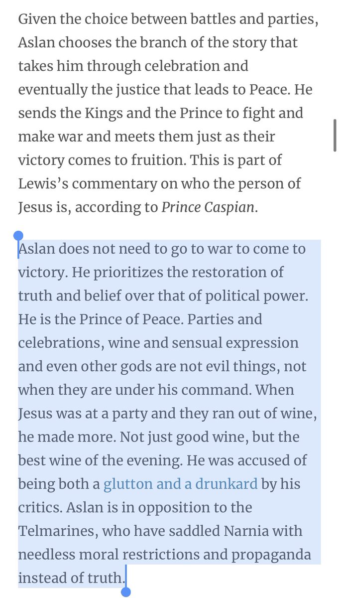Relatedly, I loved  @mattmikalatos’ essay on the Bacchanal. Such a great observation on extremism, whether it’s hedonism or artificial constraints & strict adherence; Aslan as a tempering influence; & the pure joy & celebration of the restoration of truth. https://www.tor.com/2020/01/29/we-should-probably-talk-about-that-time-susan-and-lucy-attended-a-bacchanal-in-narnia/