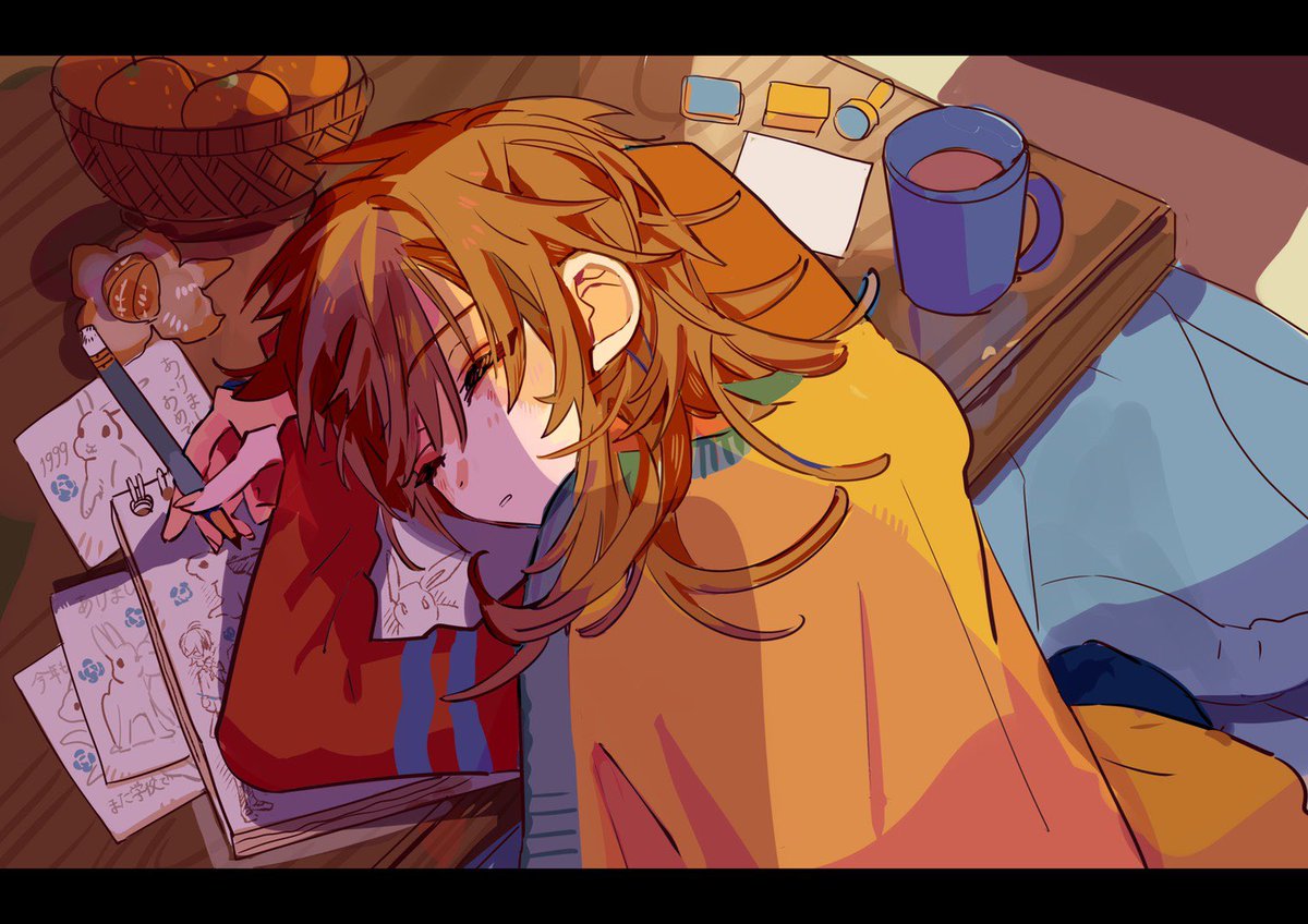 table kotatsu solo cup sleeping closed eyes brown hair  illustration images