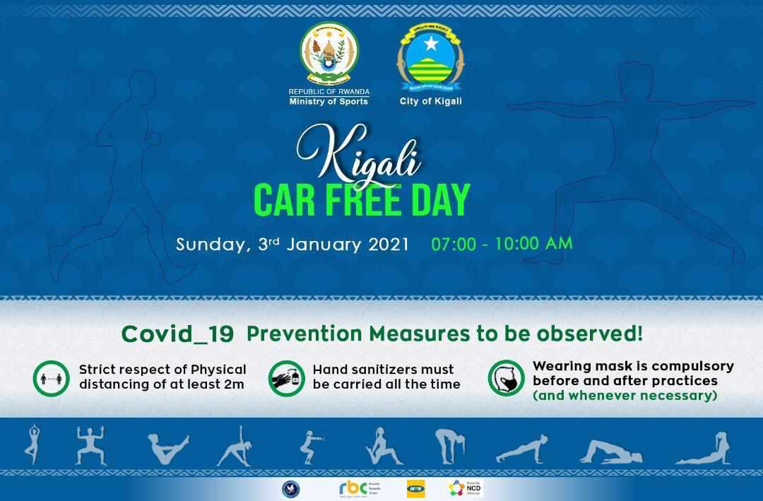 Mutumiwe muri siporo #Carfreeday itangira umwaka wa 2021, izaba ku Cyumweru tariki ya 3 Mutarama 2021, izakorwa hubahirizwa ingamba zo kwirinda icyorezo #COVID19. Dukore Siporo, tugire ubuzima bwiza. <a href="/AuroreMimosa/">Aurore Mimosa Munyangaju</a> <a href="/SMDidier1/">SHEMA-M. Didier</a> <a href="/RwandaHealth/">Ministry of Health | Rwanda</a> <a href="/CityofKigali/">City of Kigali</a> <a href="/PudenceR/">Pudence RUBINGISA</a> <a href="/RwandaAthletics/">RAF🇷🇼</a>
