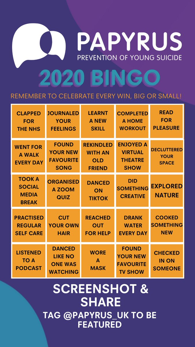 PAPYRUS_Charity's tweet image. Head over to our Instagram story, instagram.com/papyrus_uk/?hl… to reflect &amp;amp; celebrate on your 2020 wins, big or small, by using our Bingo grid 💜

Will you get to shout BINGO? 
#PositiveReflection