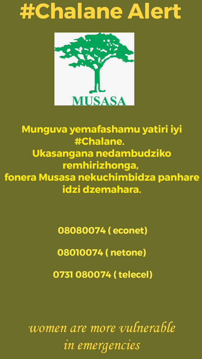 #CycloneChalane vasikana nevanhukadzi vanosangana nematambudziko akawanda munguva dzemafashamu kusanganisira mhirizhonga. Fonera Musasa ukasangana nemhirizhonga munguwa ino. <a href="/UNFPA_Zimbabwe/">UNFPA Zimbabwe</a> <a href="/UN_Women/">UN Women</a> <a href="/NLinZimbabwe/">Dutch Embassy Harare 🇳🇱</a> <a href="/OxfaminZim/">Oxfam In Zimbabwe</a> <a href="/ActionAidZim/">ActionAid Zimbabwe</a> <a href="/MinofWomenZim/">Ministry of Women Affairs Zimbabwe</a> <a href="/GenderZimbabwe/">Zimbabwe Gender Commission</a>