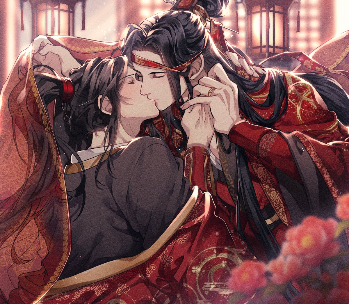 yaoi male focus kiss multiple boys 2boys scarf black hair  illustration images