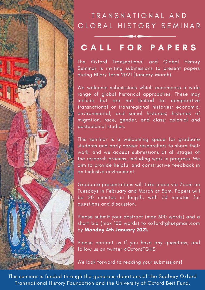 📢A reminder that there are 5 days left to apply for our Hilary term CfP! Submissions due Monday 4th January - we can't wait to read them! #twitterstorians #globalhist #History #worldhistory