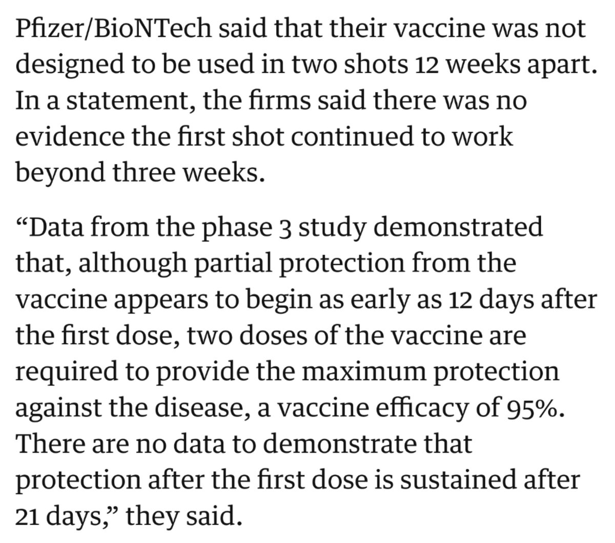  #WTAF? Has anyone confirmed this statement from  @MattHancock?Where is the  #ClinicalEvidence for such a deviation from protocol, not to mention trashing systems & processes the NHS has set up? @pfizer/ @BioNTech_Group have been VERY clear about the performance of their  #vaccine:  https://twitter.com/Smyth_Chris/status/1344312600578945026