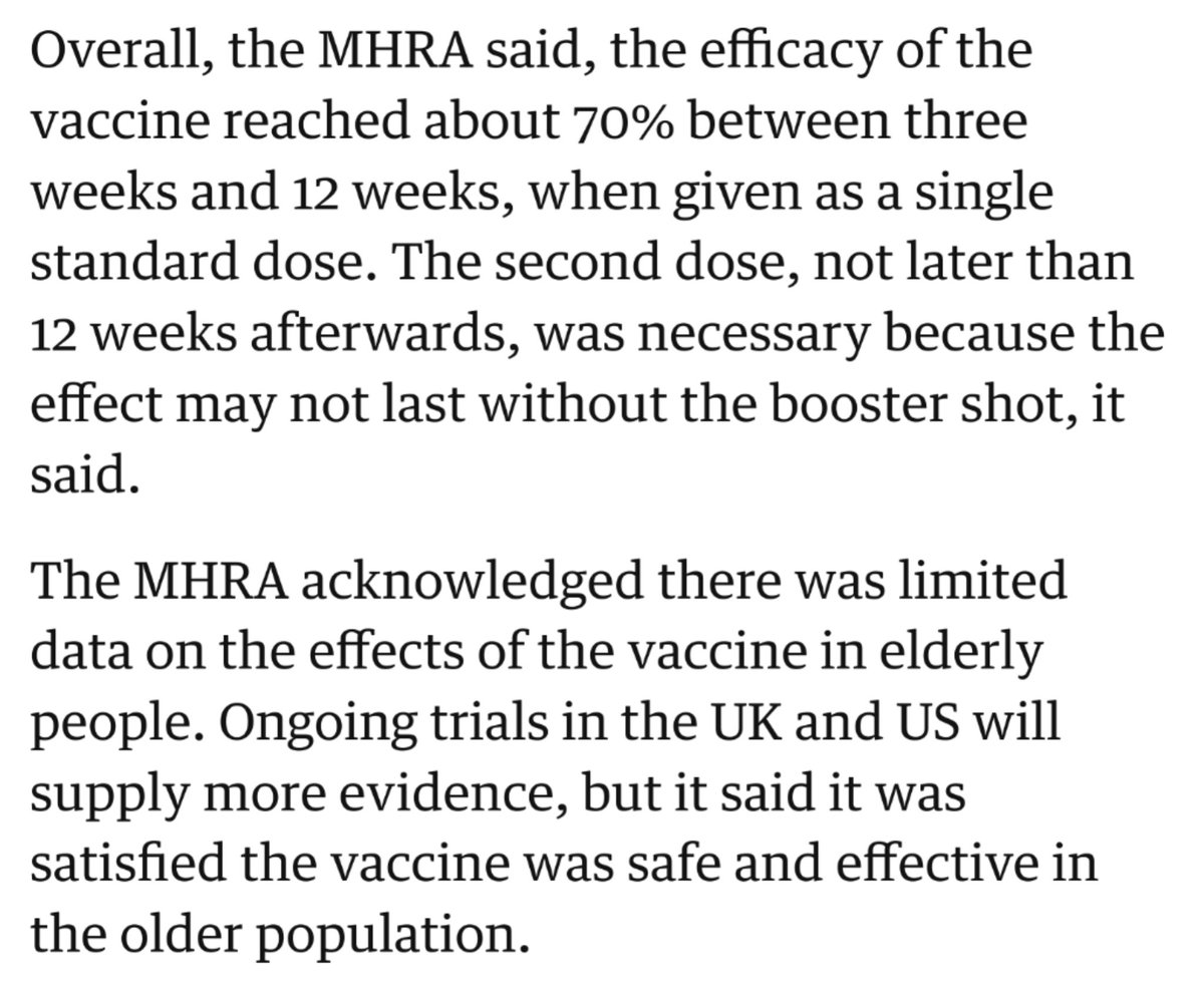 And, frankly, @MHRA's statements on the  @UniofOxford/ @AstraZeneca  #vaccine are rather vague and evasive: https://www.theguardian.com/society/2020/dec/30/oxford-astrazeneca-covid-vaccine-approved-by-uk-regulatorPUBLISH THE DATA, FFS!The two vaccines are nothing like the same, and cannot be treated as if they are; whatever happened to " #FollowTheScience"?