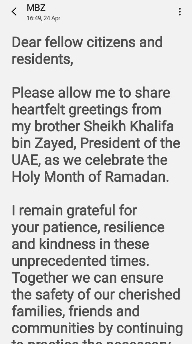 razbn17's tweet photo. Small details matter!Message of the YEAR by Sheikh #MohammadBinZayed sending Ramadan greetings from Sheikh Khalifa bin Zayed, President of 🇦🇪 #UAE to us.Reading his words now makes your heart just melt down😍imagine during the pandemic!
#My2020 #CommitToWin #Abiding_nation https://t.co/AKQLar4BjJ