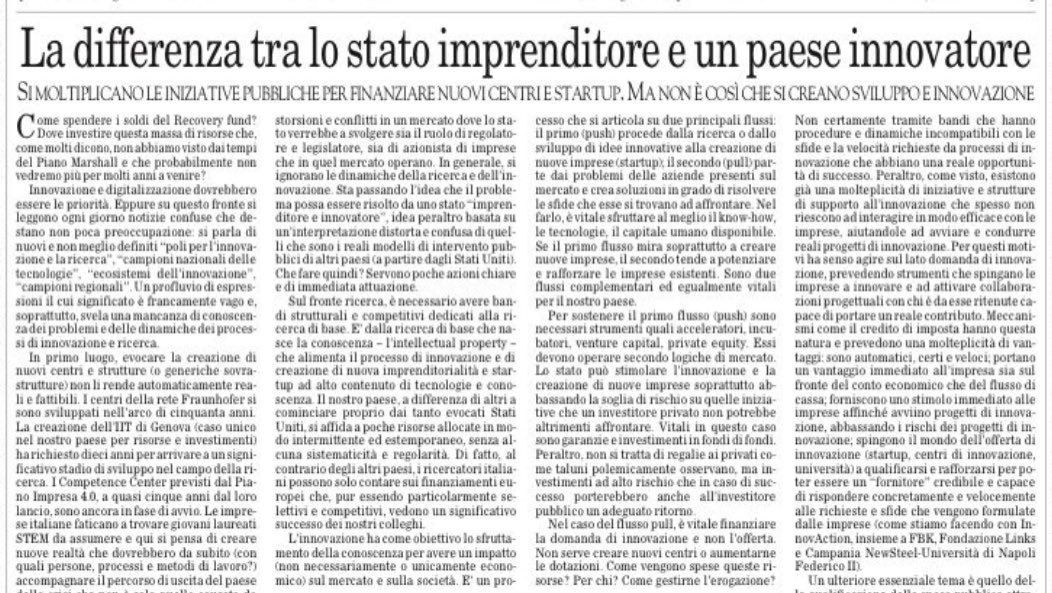 #danonperdere per iniziare bene #NewYear 

La differenza tra (l'incapace) Stato imprenditore e un grande paese Innovatore. 
di <a href="/AlfonsoFuggetta/">Alfonso Fuggetta</a> su <a href="/ilfoglio_it/">Il Foglio</a> 

#InnovAction