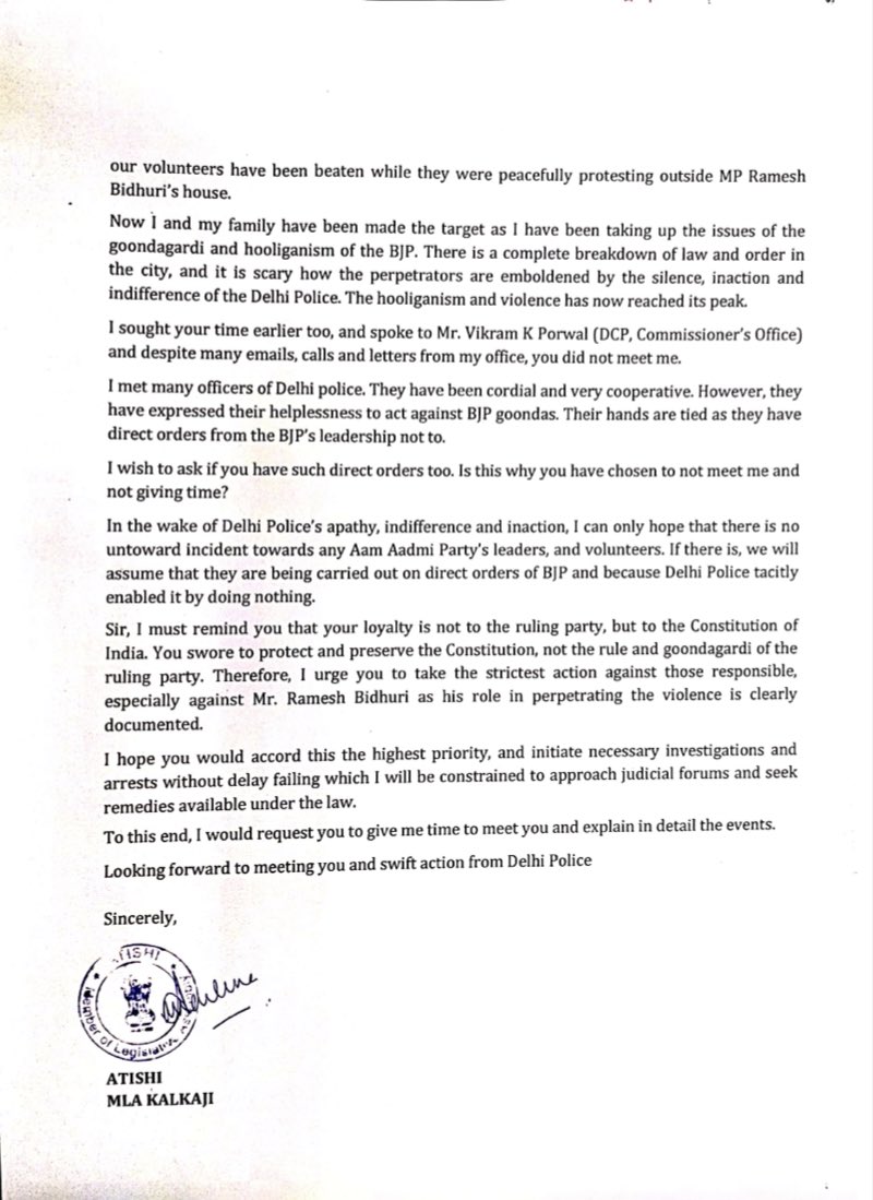 AtishiAAP's tweet photo. After I’ve taken up issue of goondaism by @rameshbidhuri, his aides are now trying to intimidate my family and me. 
Had sought time with @CPDelhi yesterday to discuss this goondaism, but he did not meet me. I hope he will act soon on this intimidation of me and my family! https://t.co/CdxoNK8gFv
