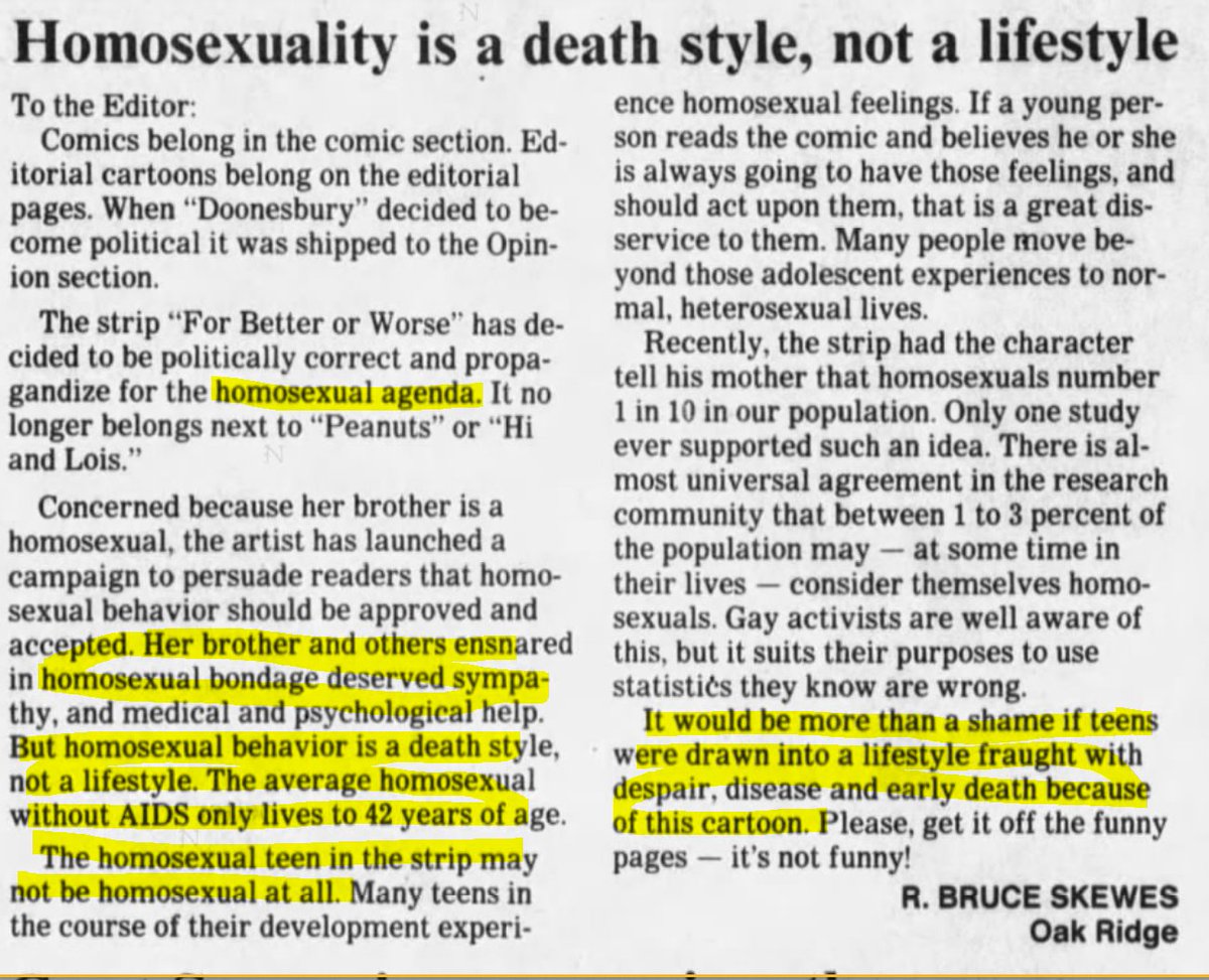 Daily Record (Morristown, New Jersey), 23 Apr 1993"sympathy, and medical and psychological help""The homosexual teen in the strip may not be homosexual at all""It would be more than a shame if teens were drawn into a lifestyle fraught with despair, disease and early death"