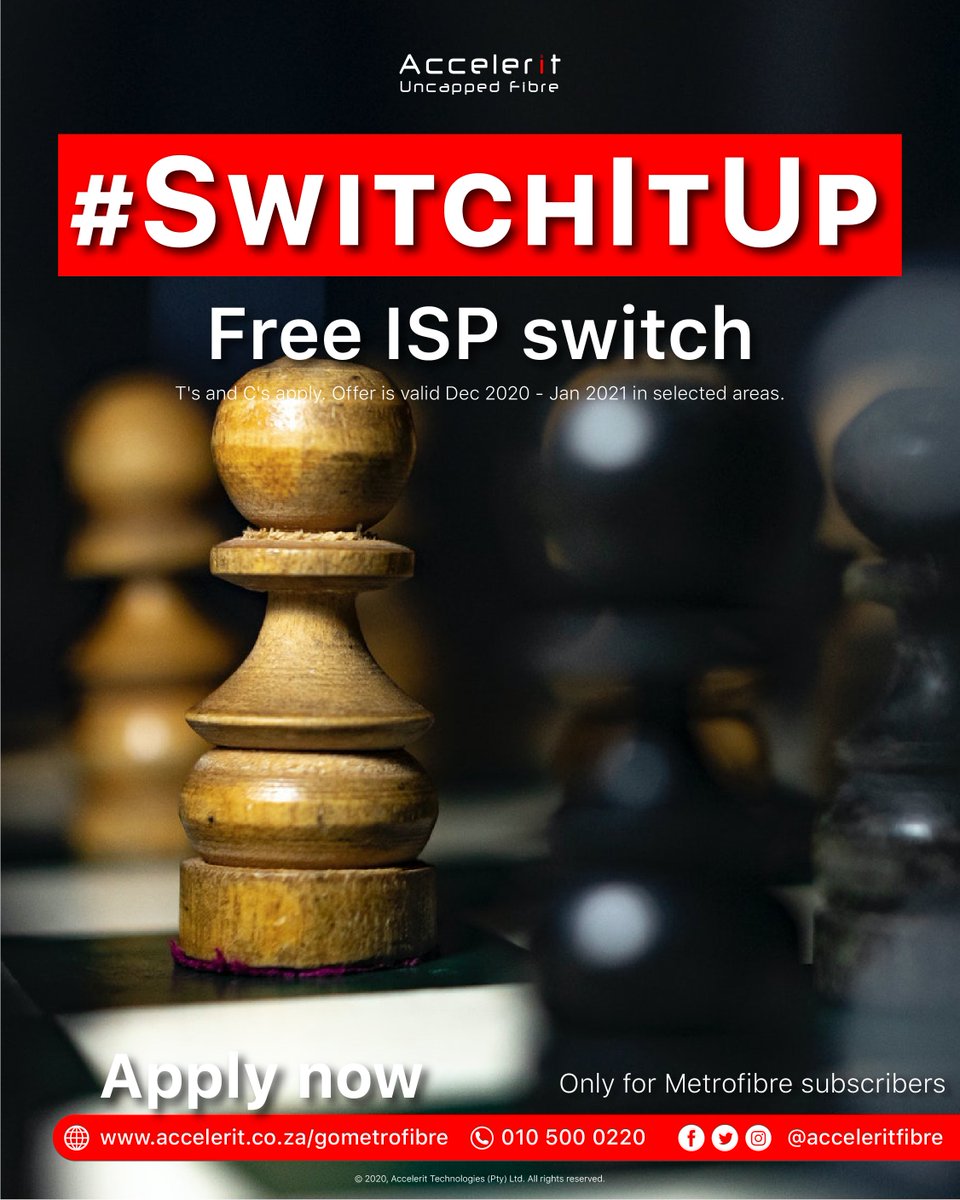 Hold up! Stop scrolling. Switch it up and change over to Accelerit Fibre for FREE! Get in touch with our sales team on 010 500 0220 or apply on accelerit.co.za/govuma. We have awesome deals on offer that you wouldn't want to miss out on #accelerituncapped