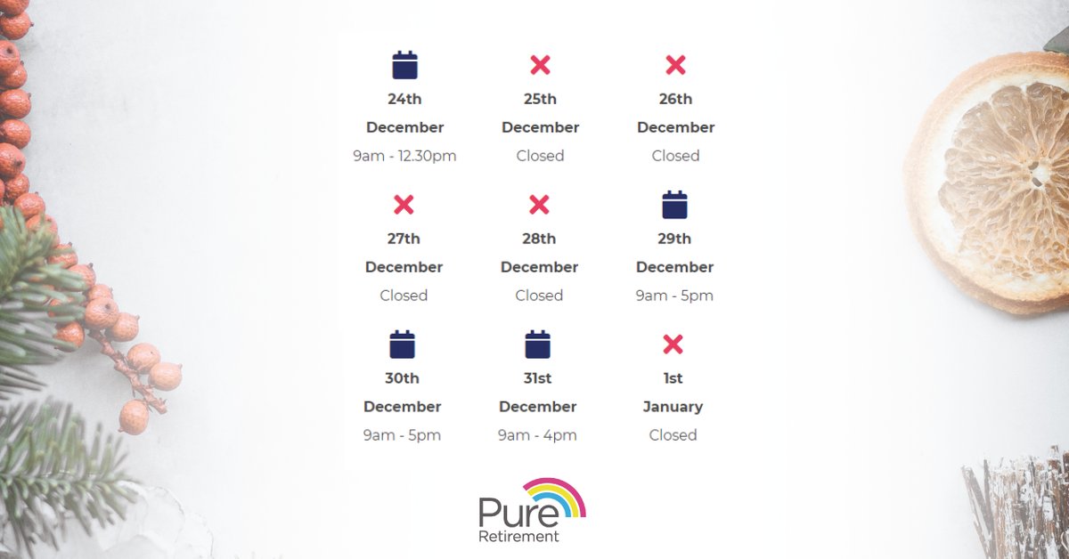 PureRetirement's tweet image. Should you need anything from us today, we're here until 4pm! View our opening hours, and also those of associated third parties here: bit.ly/2VYOzw3

#PureRetirement #EquityRelease #LaterLifeLending #HappyNewYear