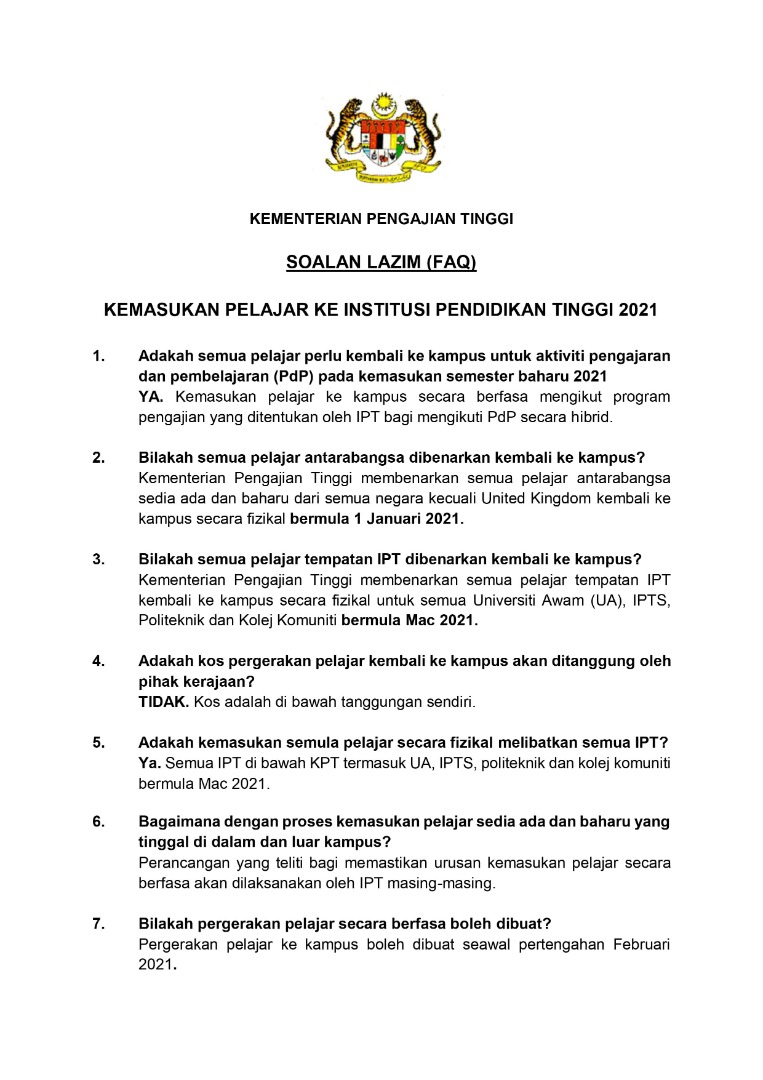 Kementerian Pengajian Tinggi On Twitter Soalan Lazim Kemasukan Pelajar Ke Institusi Pendidikan Tinggi 2021 Malaysiaprihatin Kptprihatin Https T Co Y14ykmraud Twitter