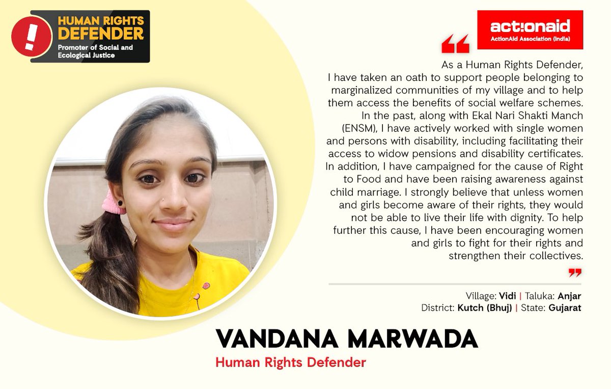 ActionAidIndia's tweet photo. Our Human Rights Defenders across 24 states &amp; 2 union territories are building awareness among vulnerable communities on their rights &amp; entitlements &amp; are intervening in cases of human rights violations. One such defender is Vandana Marwada. Read what she has to say. #HaqK https://t.co/cBl55HzNQm