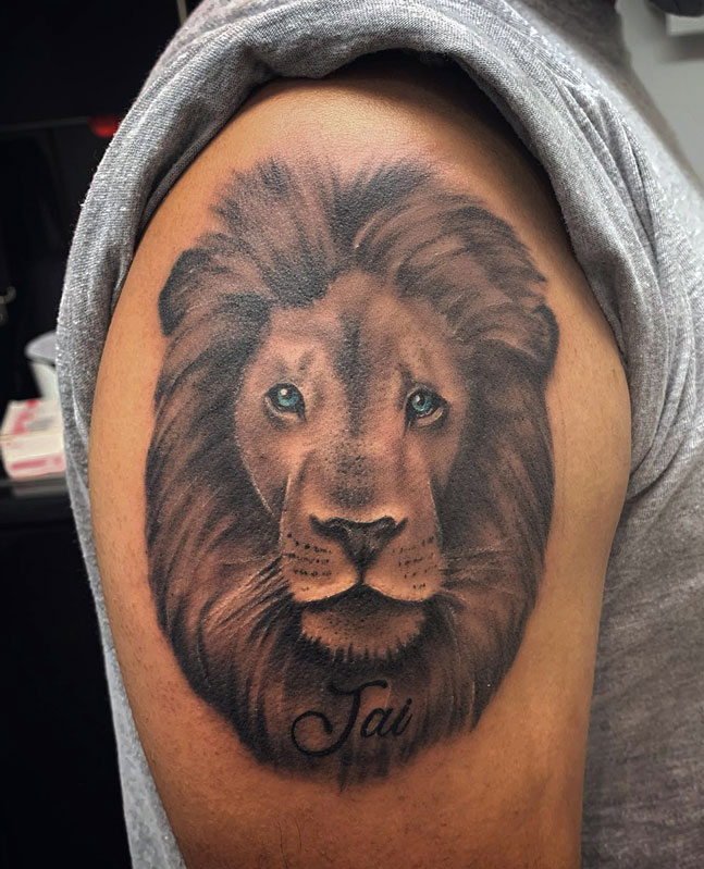 His first tattoo at age 50. Lion design by Claire. #liontattoo #firsttattoo #femaletattooartist #femaletattooer #ladytattooer #ladytattooartist #liverpooltattooartist #pictontattooliverpool #liverpooltattoostudio