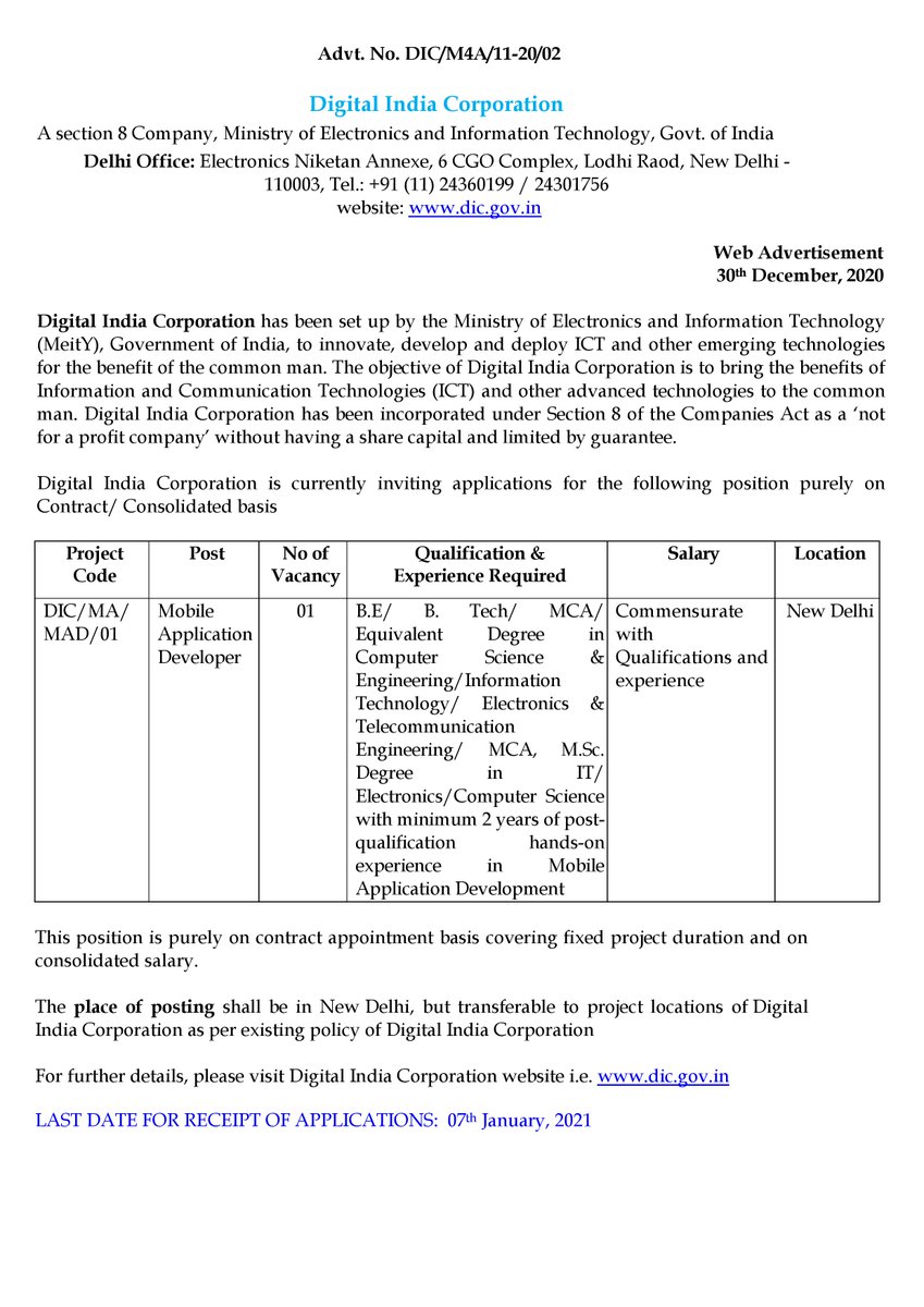 DigitalIndiaCrp's tweet image. Digital India Corporation invites applications for the position of Mobile Application Developer on contract basis.
Last date: 7th January, 2021. 
For further details, click here: dic.gov.in/images/career/… 
dic.gov.in/images/career/…
