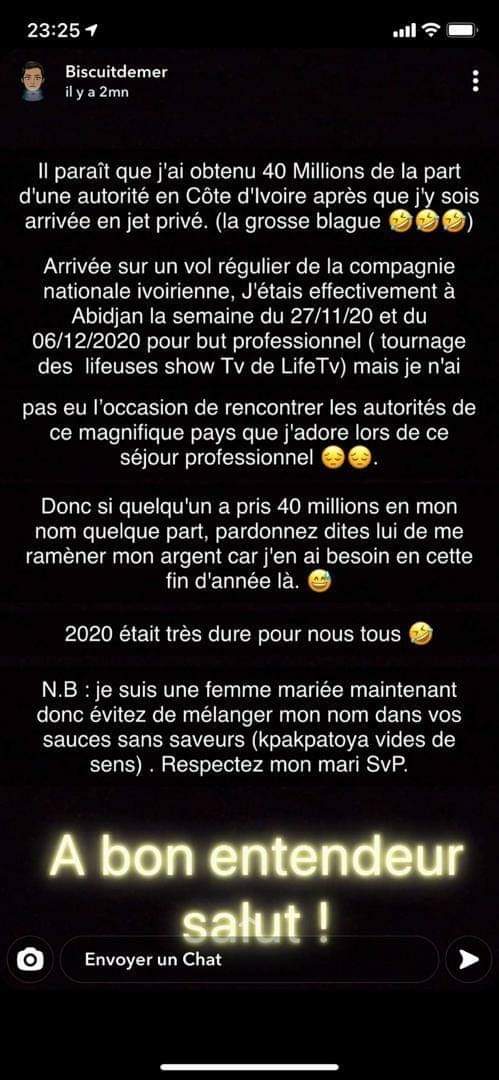 ZonePresse_'s tweet photo. #People | 🇨🇲 Coco Émilia (Biscuit de Mer) s’exprime sur sa supposée relation avec une autorité ivoirienne...#IVHD https://t.co/I184HY4iEK