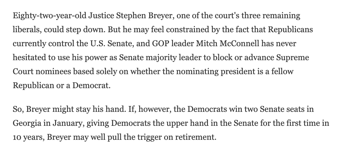 Assume a GOP Senate in '21-'23. If you're Justice Breyer, I would think a sensible strategy would be to announce your retirement soon-ish, but make it "effective upon the nomination and confirmation of my successor," as Justice O'Connor did. https://www.npr.org/2020/12/29/950654338/religion-abortion-guns-and-race-just-the-start-of-a-new-supreme-court-menu