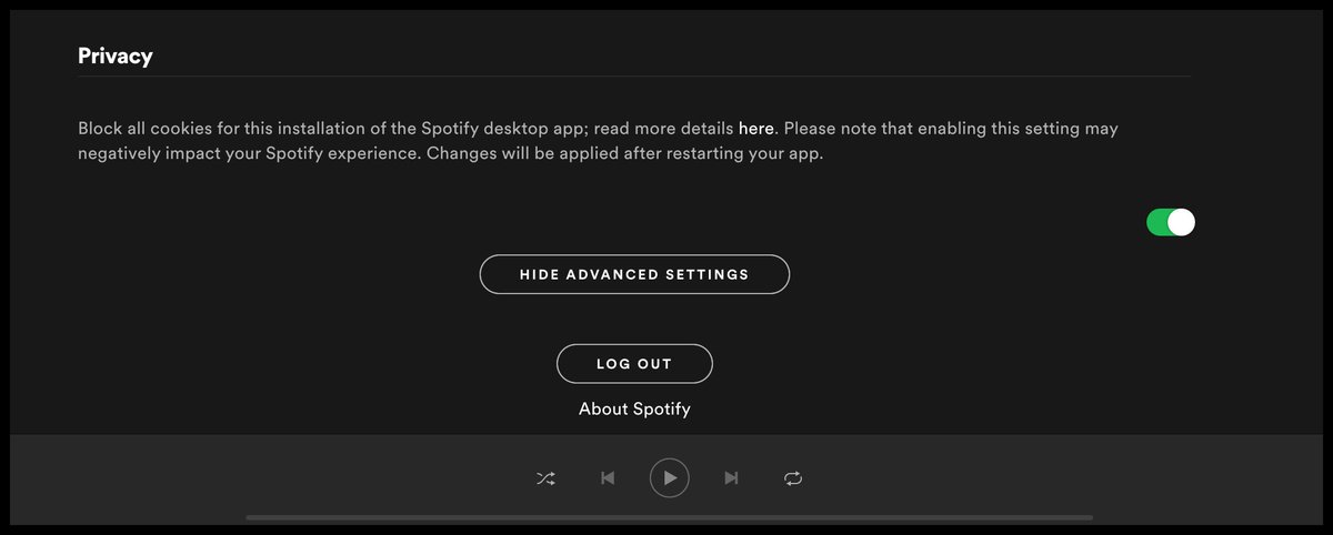 If you want to block the use of cookies in the context of the Spotify desktop app, you need to turn on the hidden  #DarkPattern default .. ensure it's green